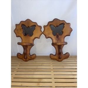 Vintage Wooden Candle Stick Sconces Mirrored Butterfly Accent Wall Decor Grandma